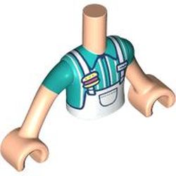 LEGO part 11408c01pr0143 Minidoll Torso Boy with White Apron, Dark Turquoise/White Striped Shirt print, Light Nougat Arms and Hands in White