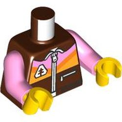 LEGO part 973c43h01pr6373 Torso, Jacket with Bright Pink/Orange/Bright Light Orange Decorations, Zipper print, Bright Pink Arms, Yellow Hands, NO.6373 in Reddish Brown