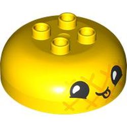 LEGO part 98220pr0008 Duplo Brick Round 4 x 4 Dome Top with 2 x 2 Studs with Black Face, Sticking Out Tonque print in Bright Yellow/ Yellow