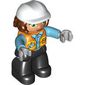 Duplo Figure with Hard Hat and Long Hair, Black Legs, Safety Vest, Light Bluish Grey Hands