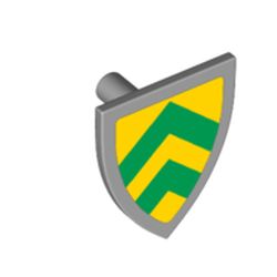 LEGO part 3846pr0046 Minifig Shield Triangular with Yellow and Green Stripes Print in Medium Stone Grey/ Light Bluish Gray