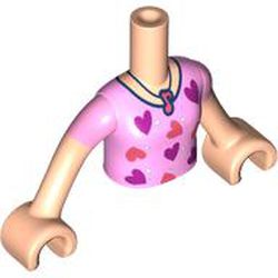 LEGO part 92456c01pr0480 Minidoll Torso Girl with Bright Pink Shirt, Coral/Dark Pink Hearts, Coral Musical Note print, Light Nougat Arms and Hands in White
