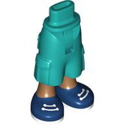 LEGO part 2268c01pr0011 Minidoll Hips and Cargo Pants with Medium Nougat Legs, Dark Blue/White Shoes print [Thin Hinge] in Bright Bluish Green/ Dark Turquoise