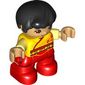 Duplo Figure Child, Hair Combed Forward with Curl Black, Red Legs, Robe with Red Flower, Warm Tan Face and Hands