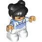 Duplo Figure Child with Two Buns on Top and Long Bangs Black, White Legs, Pink Flowers Print