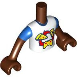 LEGO part 11408c06pr0149 Minidoll Torso Boy with White Shirt, Yellow Pizza, 'ZZZ', Game Controller, Red Circle Arrow, Blue Sleeves print, Reddish Brown Arms and Hands in White