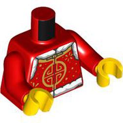 LEGO part 973c22h01pr6399 Torso, Jacket, Gold Decorations, White Fur print, Red Arms, Yellow Hands in Bright Red/ Red
