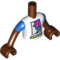 LEGO part 11408c06pr0148 Minidoll Torso Boy with White Shirt with Magenta/Blue Decorations, Yellow Letters, Blue Sleeves print, Reddish Brown Arms and Hands in White