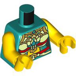 LEGO part 973c01h01pr6404 Torso, Gold/Red/Yellowish Green Chinese Decorations print, Yellow Arms and Hands NO. 6404 in Bright Bluish Green/ Dark Turquoise