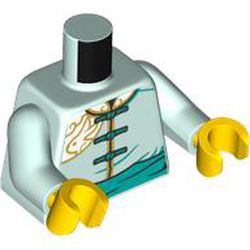 LEGO part 973c15h01pr6406 Torso, Tunic, Dark Turquoise Trim,Belt,Buttons, Gold Decorations print, Light Aqua Arms, Yellow Hands in Aqua/ Light Aqua