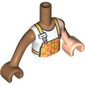 Minidoll Torso Girl with Bright Light Orange Apron, ID Tag, Coral Hearts, White Shirt, Medium Nougat Vitiligo Patches on Left Arm print, Light Nougat Left Arm and Hand, Medium Nougat Right Arm and Hand