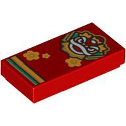 LEGO part 3069bpr0370 Tile 1 x 2 with Chinese New Year Dragon and Bright Orange Flowers Print in Bright Red/ Red
