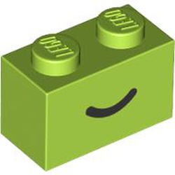 LEGO part 3004pr0103 Brick 1 x 2 with Black Curved Line / Smile print in Bright Yellowish Green/ Lime