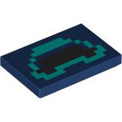 LEGO part 26603pr0107 Tile 2 x 3 with Pixelated Black/Dark Turquoise Shapes print in Earth Blue/ Dark Blue