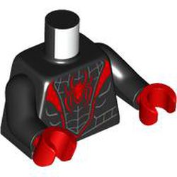 LEGO part 973c03h22pr6449 Torso Muscles, Red Trim and Spider Logo Print, Black Arms, Red Hands in Black