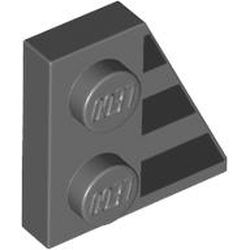 LEGO part 24307pr0001 Wedge Plate 2 x 2 Right with 3 Black Stripes print in Dark Stone Grey / Dark Bluish Gray