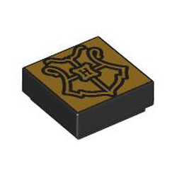 LEGO part 3070bpr0293 Tile 1 x 1 with Gold Hogwarts Crest print in Black