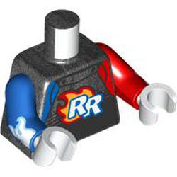 LEGO part 973e107pr6519 Torso, Odd Arms, Race Jacket with Red and Blue Trim, Flaming 'RR' Print, Left Red Arm, Right Blue Arm, White Hands in Titanium Metallic/ Pearl Dark Gray