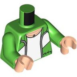 LEGO part 973c06h02pr6522 Torso, Jacker, White Shirt, Necklace print. Bright Green Arms, Light Nougat Hands in Bright Green