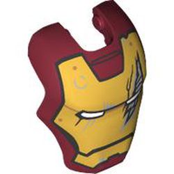 LEGO part 80430pr0015 Headwear Accessory Visor Top Hinge, Rounded, with Gold Armor with White Eyes, Scratch Print (Iron Man) in Dark Red