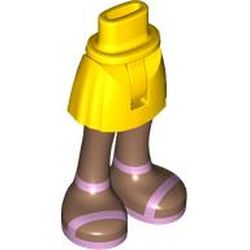 LEGO part 2241c01pr0016 Minidoll Hips and Short Skirt with Medium Brown Legs, Metallic Pink Sandals print [Thin Hinge] in Bright Yellow/ Yellow
