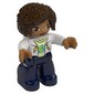 Duplo Figure with Curly Hair Dark Brown, Dark Blue Legs, Jacket over Yellowish Green Shirt Print