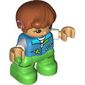 Duplo Figure Child, Hair Combed Forward with Curl Dark Orange, Bright Green Legs, Jacket with Pockets and Zipper Print