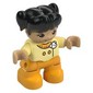 Duplo Figure Child with Ponytails and Bangs Black, Bright Light Orange Legs, Jacket with White Badge Print