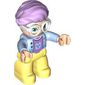Duplo Figure with Hair Swept Right Lavender, with Bright Light Yellow Legs, Magenta Shirt with Cat Head Print, White Glasses