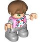 Duplo Figure Child, Hair Combed Forward with Curl Medium Nougat, Light Bluish Gray Legs, Bright Pink Jacket Print