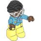 Duplo Figure with Hair Swept Right Black, Bright Light Yellow Legs, Hoodie Print and White Glasses