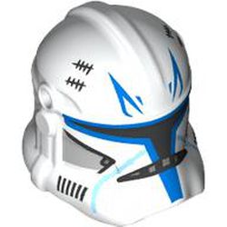 LEGO part 2019pr0433 Helmet Clone Trooper Phase 2, Closed Front, Holes for Visor with Blue Markings, Black Score Marks print in White