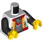 Torso, Jacket, Orange Trim, Red Collar, Zipper, Dark Bluish Grey Shirt, Medium Azure/Red Symbol print, Black Arms, Yellow Hands