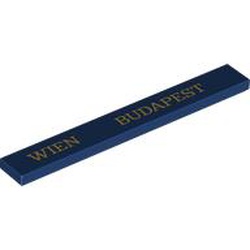 LEGO part 4162pr0105 Tile 1 x 8 with Gold 'WIEN BUDAPEST' print in Earth Blue/ Dark Blue
