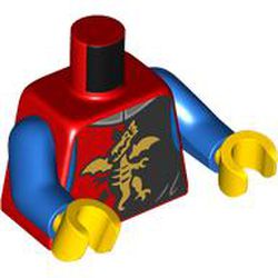 LEGO part 973c28h01pr6765 Torso, Knight Armor, Red/Blue Panel, Gold Dragon print, Blue Arms, Yellow Hands in Bright Red/ Red