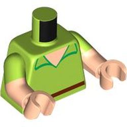 LEGO part 973g18c02h02pr6823 Torso, Dual Molded Arms, Shirt, Light Nougat Neck, Bright Green Collar, Reddish Brown Belt print, Lime Sleeves Pattern, Light Nougat Arms and Hands in Bright Yellowish Green/ Lime