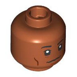 LEGO part 28621pr9807 Minifig Head Pharrell Williams, Black Eyebrows, Wobbly Smile, Dots Beneath Eye in Dark Orange