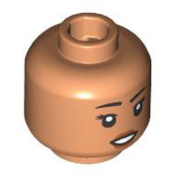 LEGO part 28621pr9833 Minifig Head Black Eyebrows, Dark Orange Lips, Smile/Raised Eyebrow in Nougat