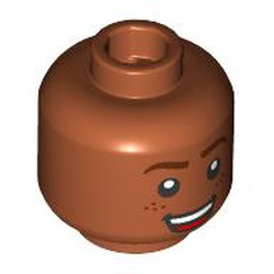 LEGO part 28621pr9825 Minifig Head Reddish Brown Eyebrows, Smirk/Open Mouth Smile in Dark Orange