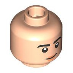 LEGO part 28621pr9818 Minifig Head, Thick Black Eyebrows, Nougat Lips, Closed Mouth Smile/Open Mouth Smile in Light Nougat