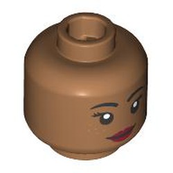 LEGO part 28621pr9817 Minifig Head Black Eyebrows, Dark Red Lips. Smirk/Open Mouth Smile in Medium Nougat