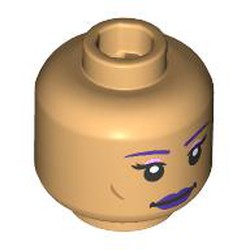 LEGO part 28621pr9812 Minifig Head Dark Purple Eyebrows, Lips, White Eyeshadow, Neutral/Open Mouth Smile, Gap Between Teeth in Warm Tan