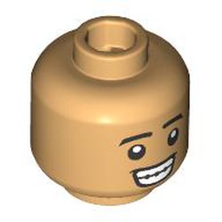 LEGO part 28621pr9810 Minifig Head Black Eyebrows, Big Grin, Braces/Lopsided Smirk in Warm Tan