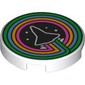 Tile Round 2 x 2 with White Space Ship Outline, Black Background, Dark Pink/Bright Light Orange/Medium Blue/Bright Green Circles print