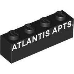 LEGO part 3010pr9921 Brick 1 x 4 with 'ATLANTIS APTS' print in Black