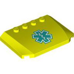 LEGO part 52031pr0004 Slope Curved 4 x 6 x 2/3 Triple Curved with 4 Studs with Dark Turquoise Star of Life print in Vibrant Yellow