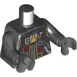 LEGO part 973c75h12pr0002 Torso, Space Suit, Red/Bright Light Blue Circles, Hose, Yellow Trim, Spaceship, Black Straps print, Pearl Titanium Arms, Dark Bluish Gray Hands in Titanium Metallic / Pearl Titanium