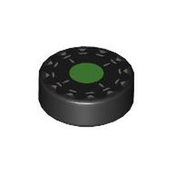 LEGO part 98138pr0385 Tile Round 1 x 1 with Bright Green Center Circle, White print in Black