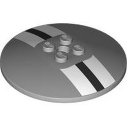 LEGO part 44375bpr9990 Dish 6 x 6 Inverted (Radar) with Solid Studs and White/Black Stripes print in Medium Stone Grey/ Light Bluish Gray