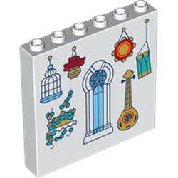 LEGO part 59349pr0028 Panel 1 x 6 x 5 with Birdcage, Flower Pot, Plant, Musical Instruments, Arched Window print in White